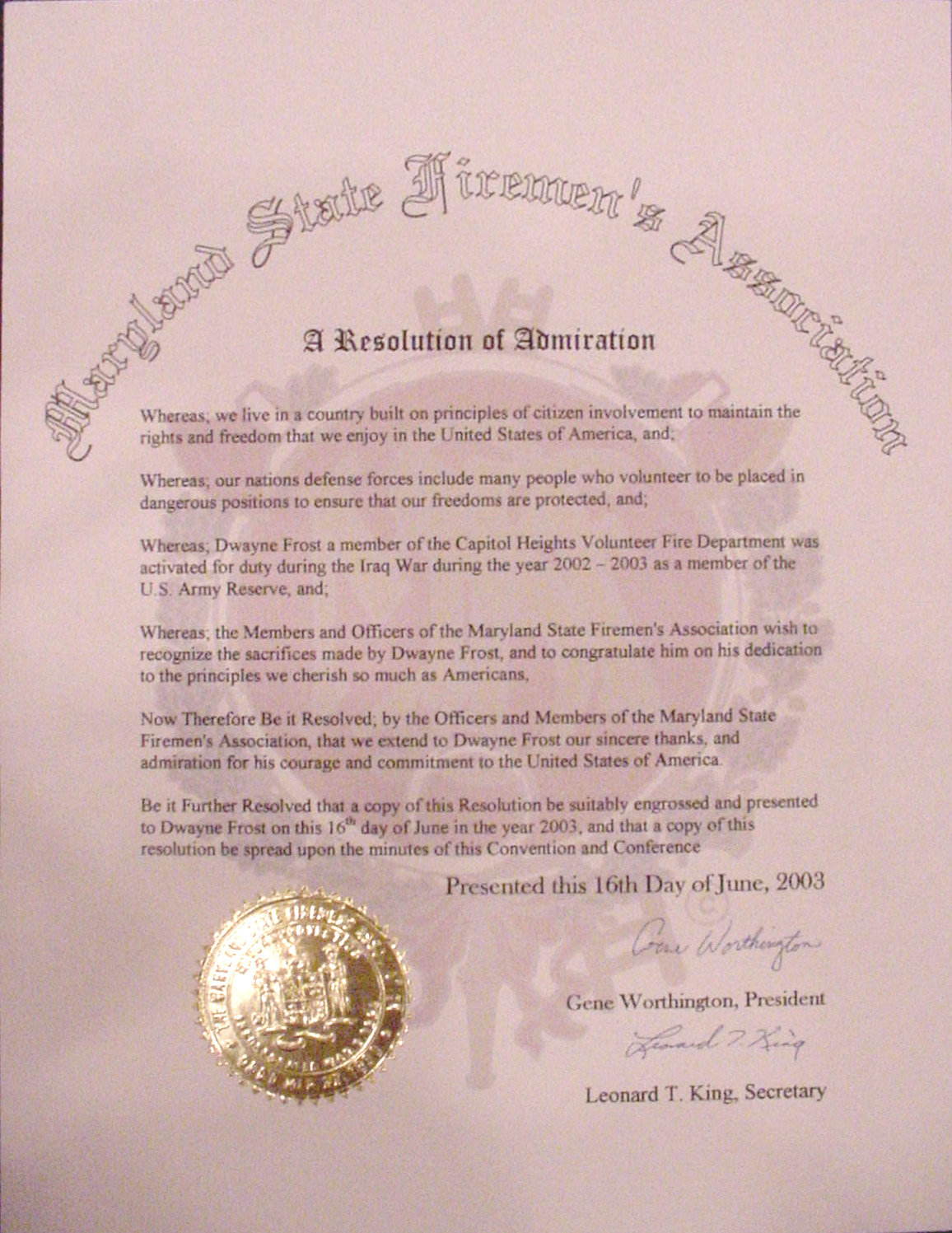 MSFA Convention 2003 - Certificate of Recognition for Dwayne Frost
